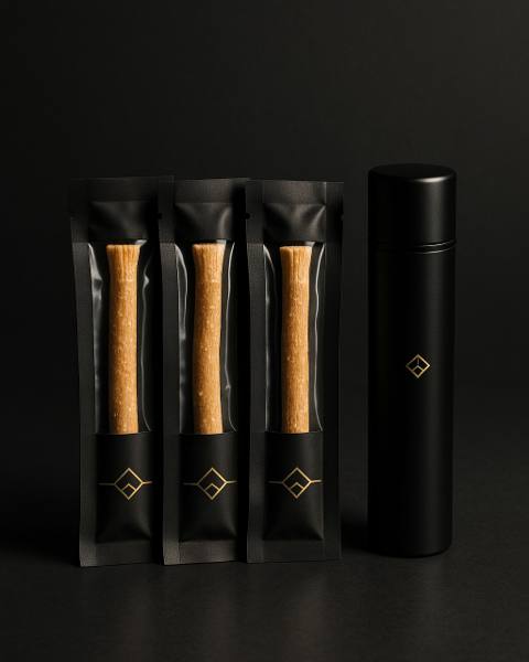 0G Miswak Kit — three vacuum-sealed miswak sticks with matte-black travel case