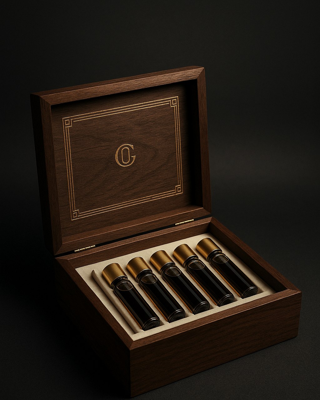 Attar Discovery Box — six attar vials in a walnut cigar-style box