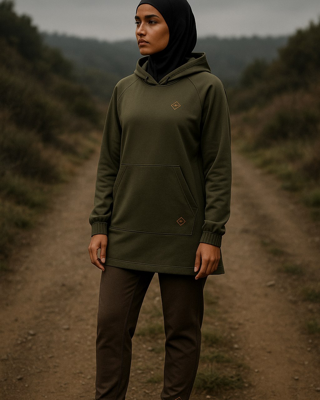 Trail Collection — olive, weather-ready modest activewear