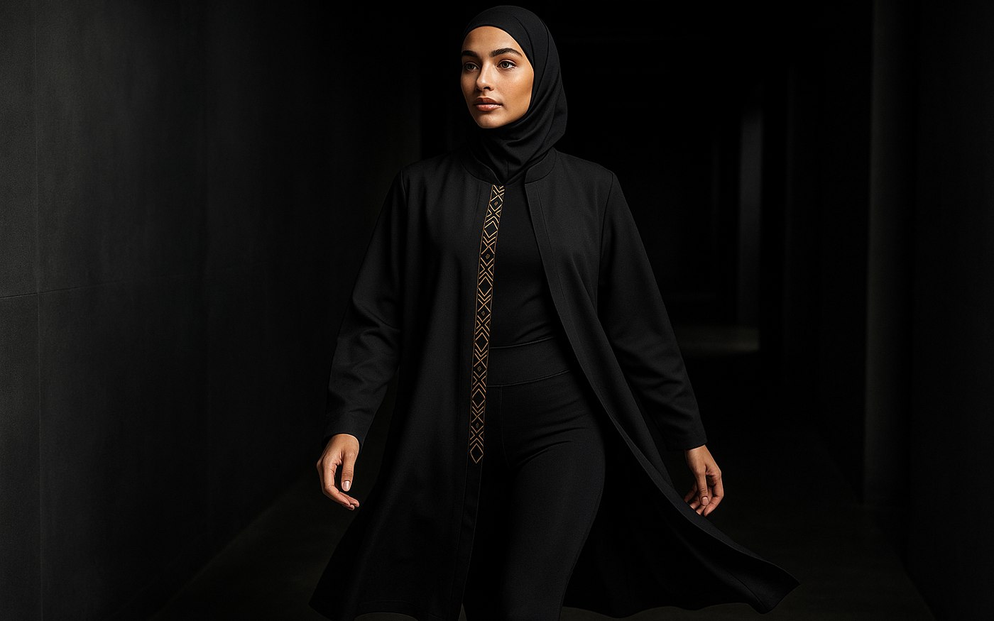 The transition — athletic abaya worn open over a training set, walking into the gym