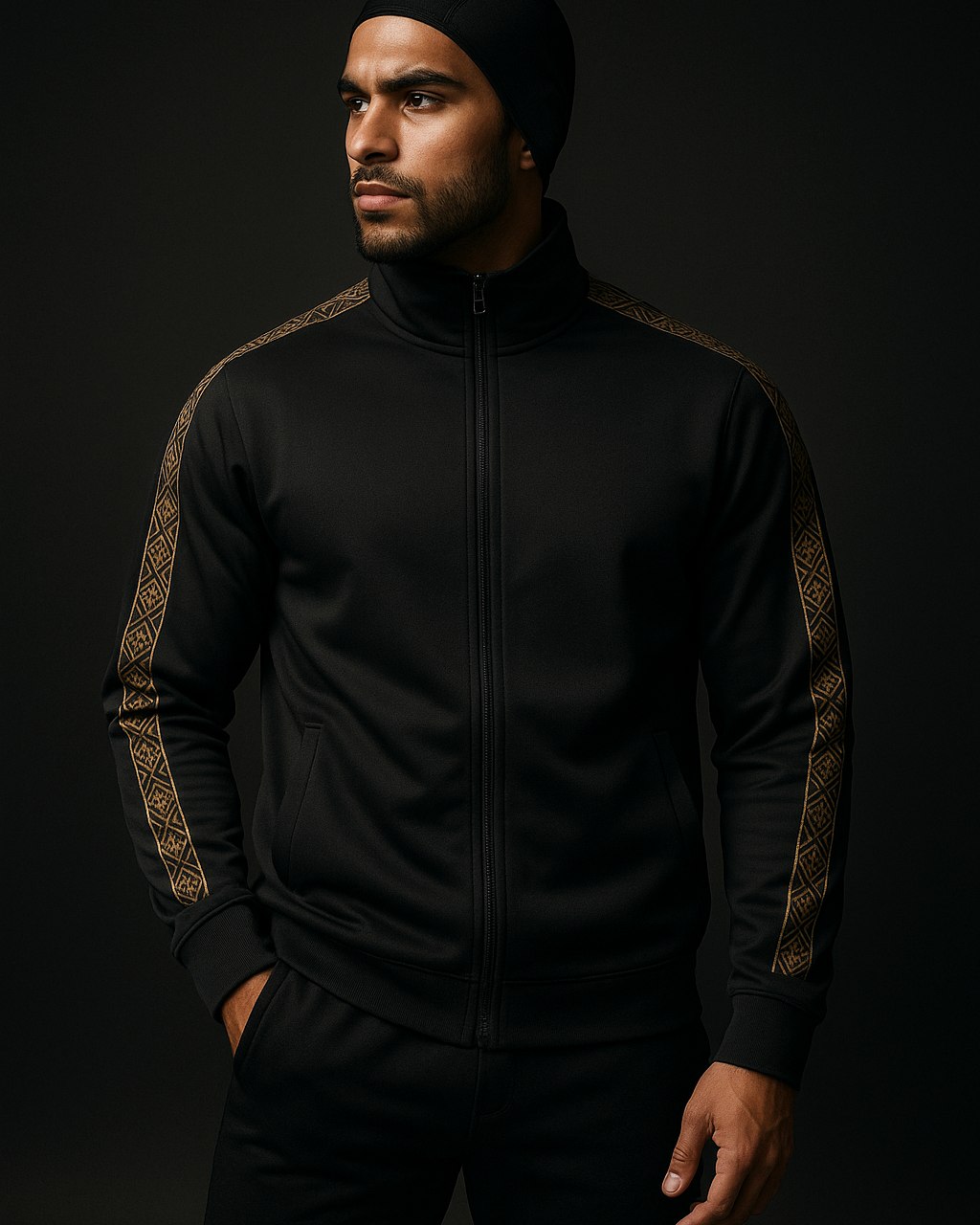 Meridian Track Jacket — gold arabesque sleeve taping