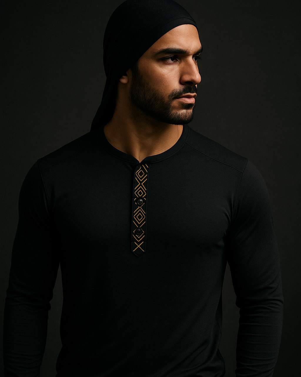 Modest long-sleeve henley with gold placket