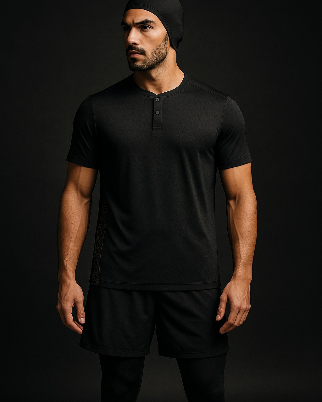 Modest short-sleeve henley with training short over legging