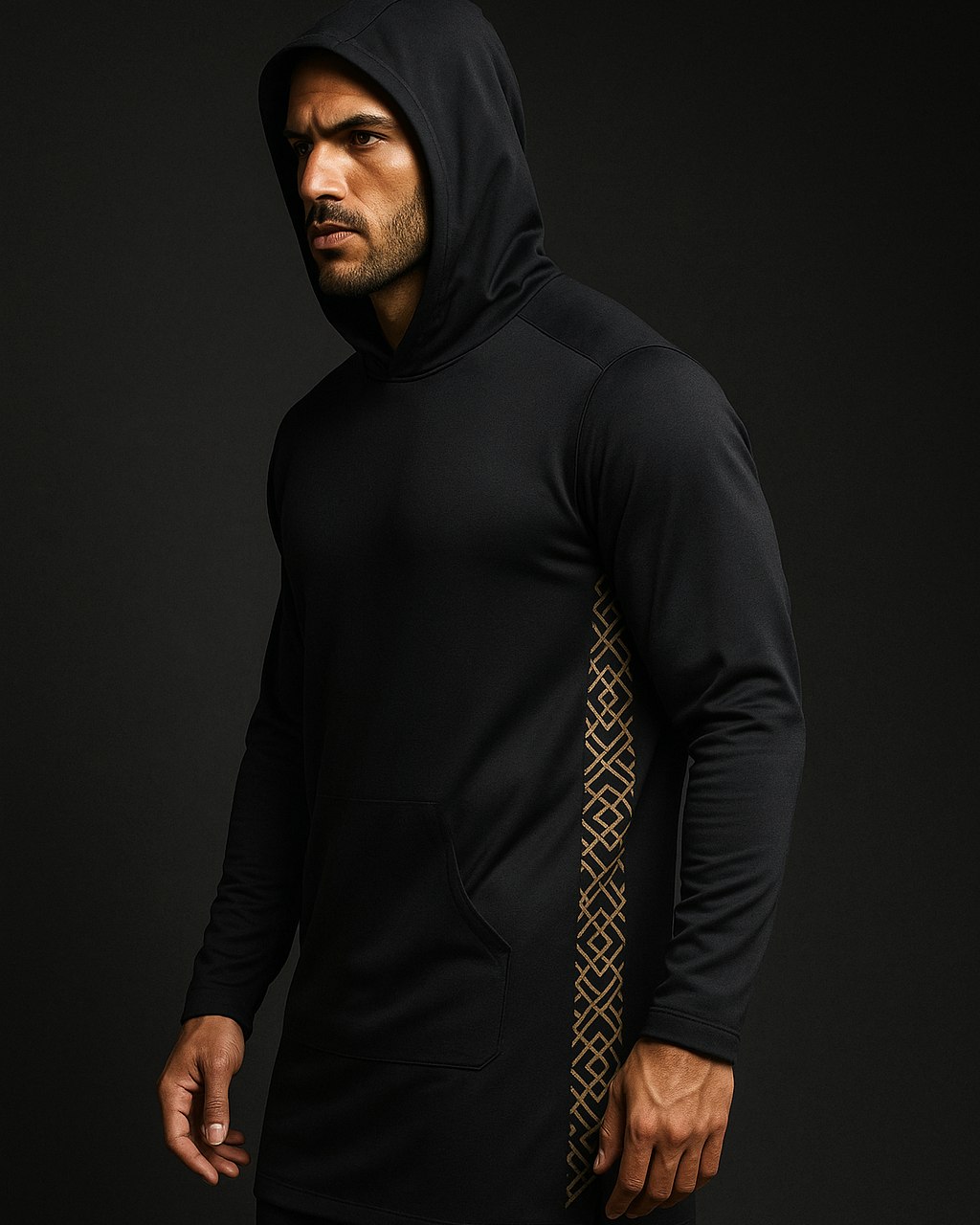 Hooded longline with gold geometric side panel