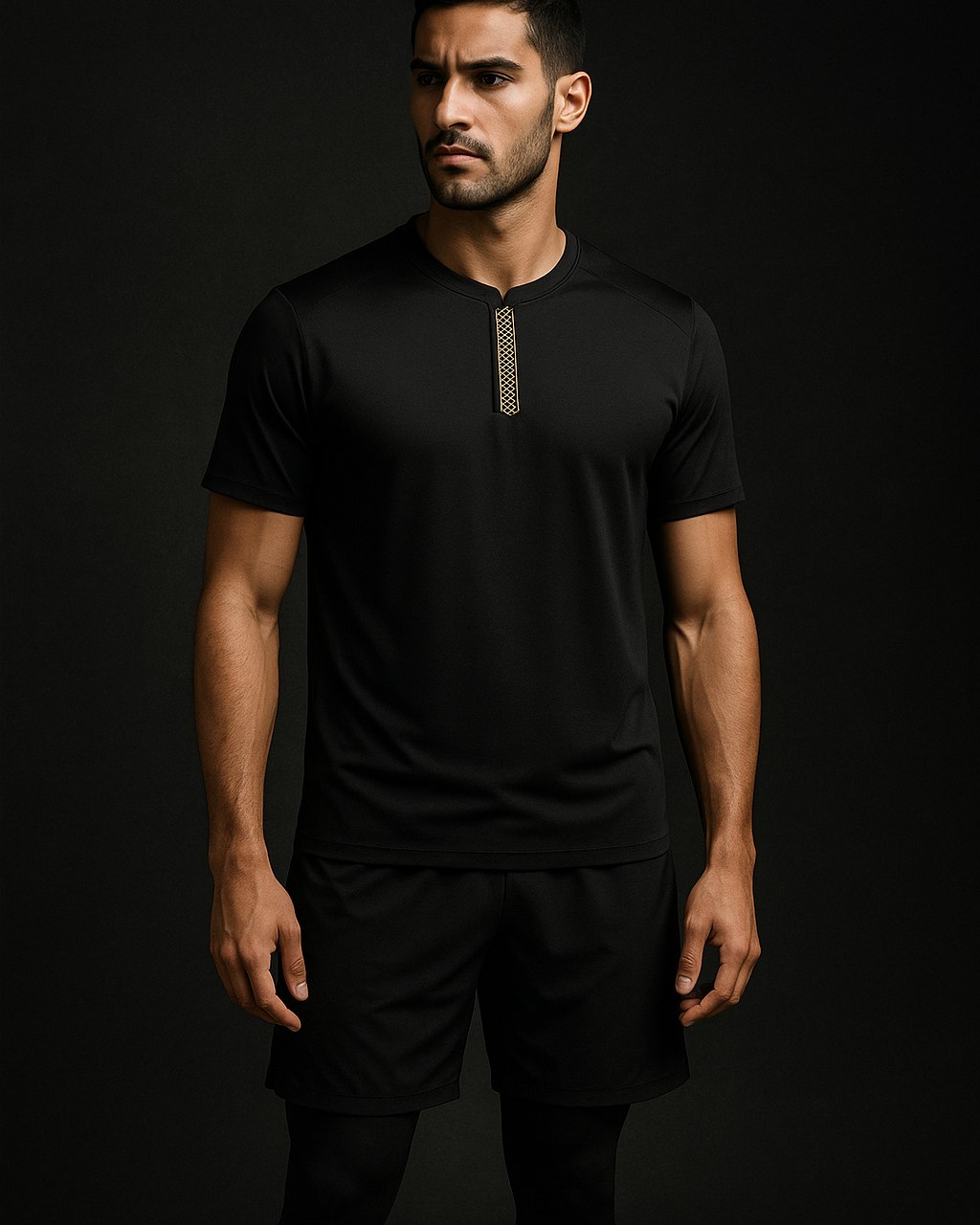 The Meridian Set — modest performance set with gold arabesque detailing, on model