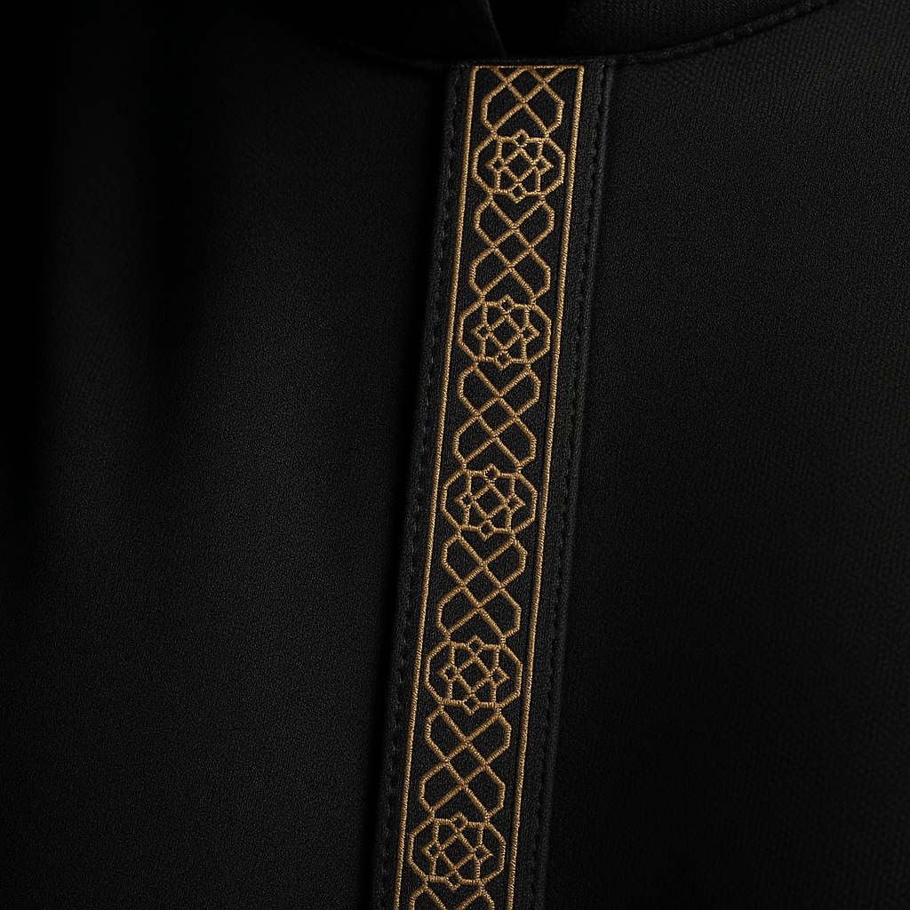 Islamic-inspired gold geometric placket detail