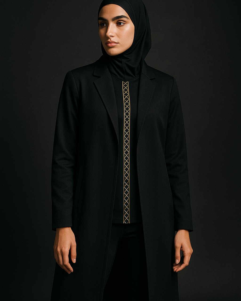 Transit Abaya Coat — knee-length athletic abaya with gold geometric placket