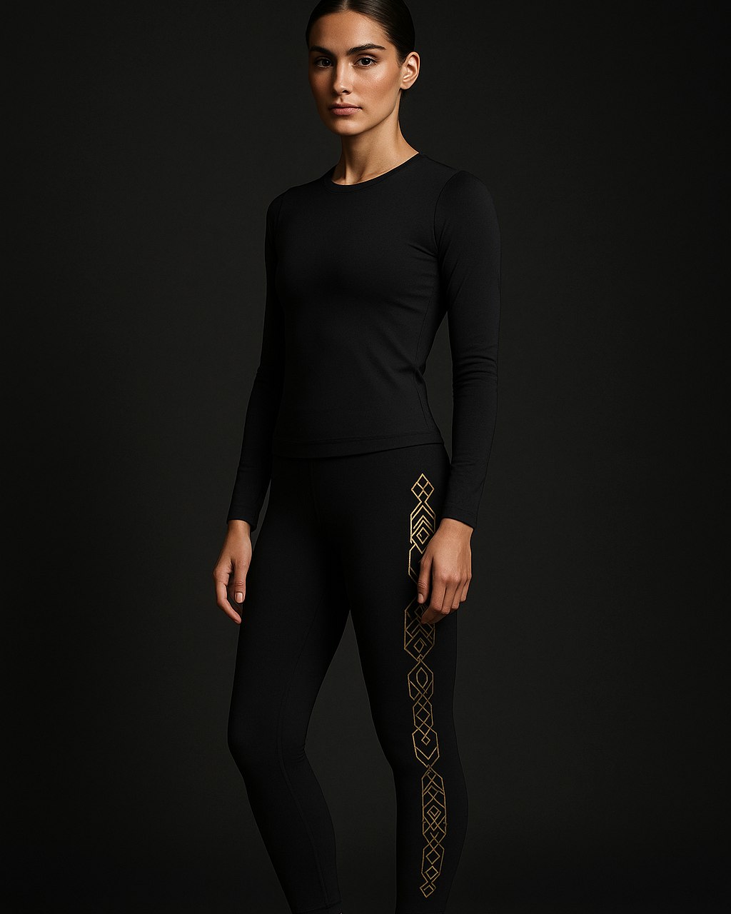 Studio 7/8 Legging with gold arabesque outer-leg taping