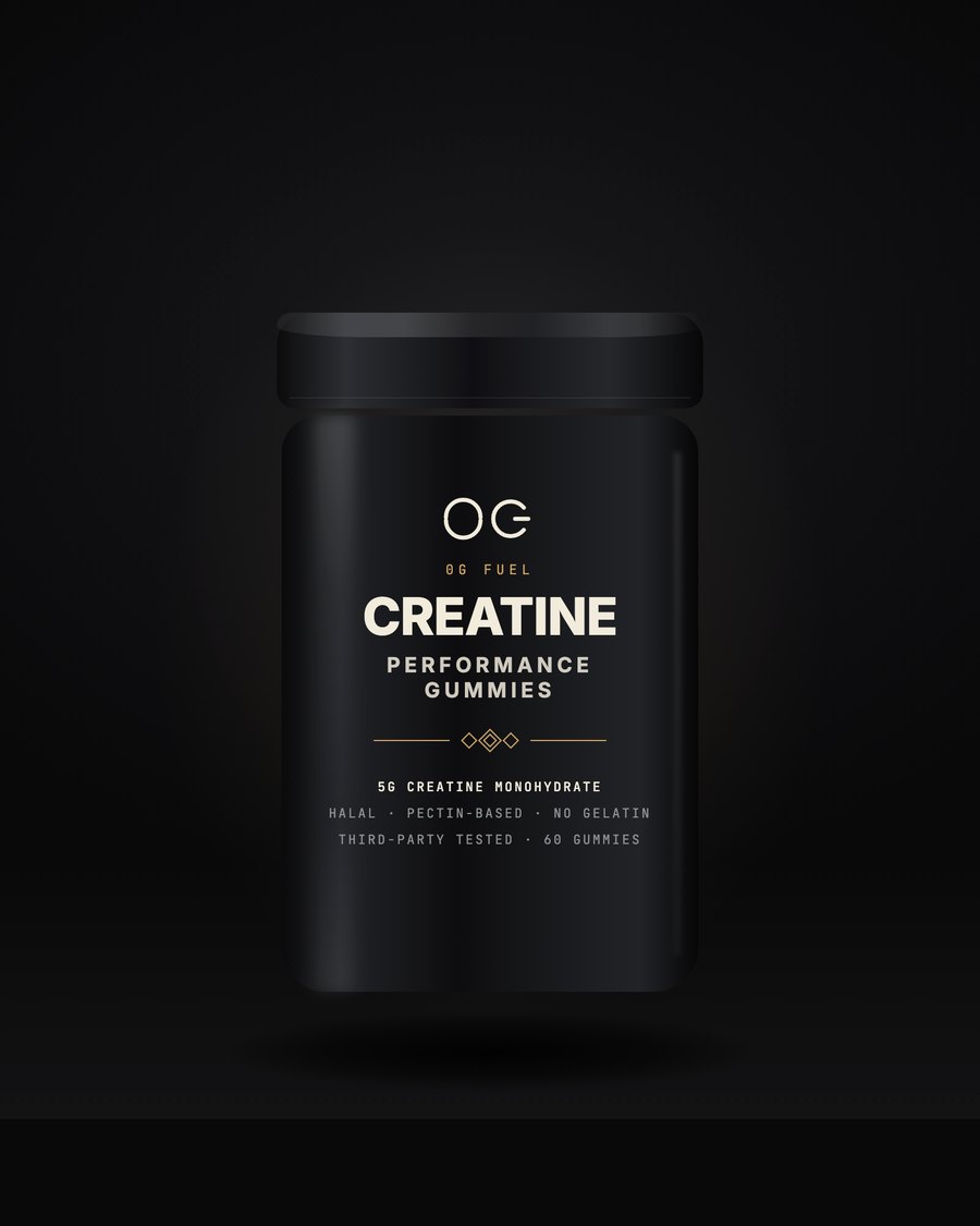 0G Fuel Creatine Gummies — pectin-based, halal-standard, matte black jar